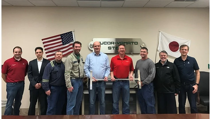 Left to right: Austin Pitzer, Nucor-Yamato; Waldemar Vogel, SMS Group; Jason Ciepiela, Nucor-Yamato; Chris Ziegler, Nucor-Yamato; Thomas Maßmann, SMS Group; Thad Solomon, Nucor-Yamato; Jim Shelton, Nucor-Yamato; Mario Fabro, SMS Group; and Dirk Köhler, SMS Group.