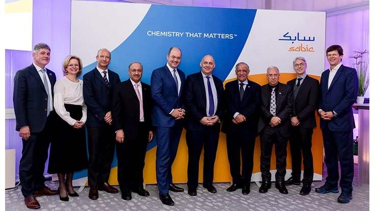 SABIC Chair Dr. Abdulaziz Al-Jarbou and Vice Chair and CEO Yousef Al-Benyan, along with representatives from customers Unilever and Vinventions and supplier Plastic Energy, at the event to announce the launch of SABIC’s certified circular polymers