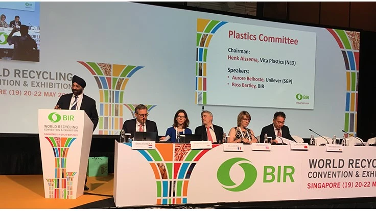 From left: BIR immediate past President Ranjit Baxi (standing at podium), Henk Alssema of Vita Plastics, Aurore Belhoste of Unilever, Clement Lefebvre of Veolia Proprete France Recycling, Sally Houghton of Plastic Recycling Corp. of California and Steve Wong of Fukutomi Recycling Ltd.