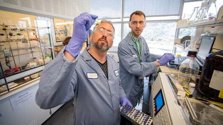 A a Berkeley Lab research team that includes Brett Helms (left) indicates poly diketoenamine (PDK) is an ideal resin for chemical recycling processes.