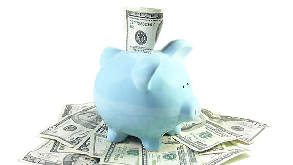 blue piggy bank surrounded by dollar bills