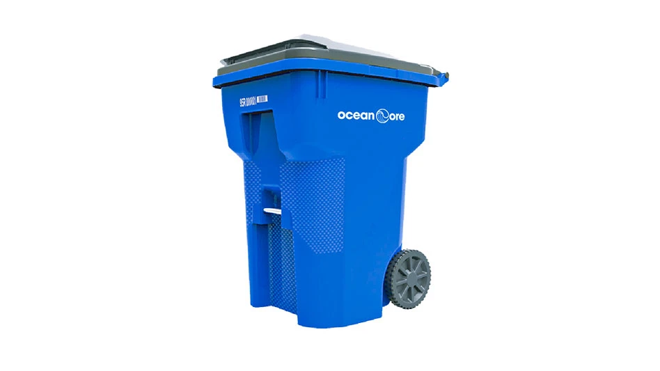 a blue recycling cart with a black lid