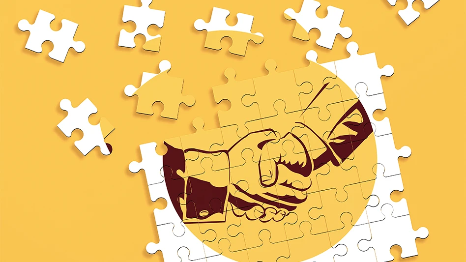 white and yellow puzzle pieces coming together to form a picture of two people shaking hands, in front of a yellow background.