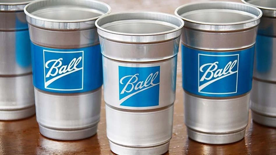 aluminum cups with the Ball logo printed on them