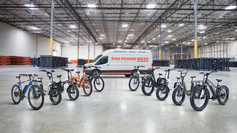 display of rad power bikes' e-bikes in a warehouse