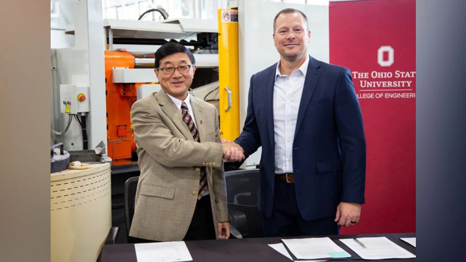 From left: OSU Professor Alan Luo with Audubon Metals' Brian Hawkes at the Center for Design and Manufacturing Excellence