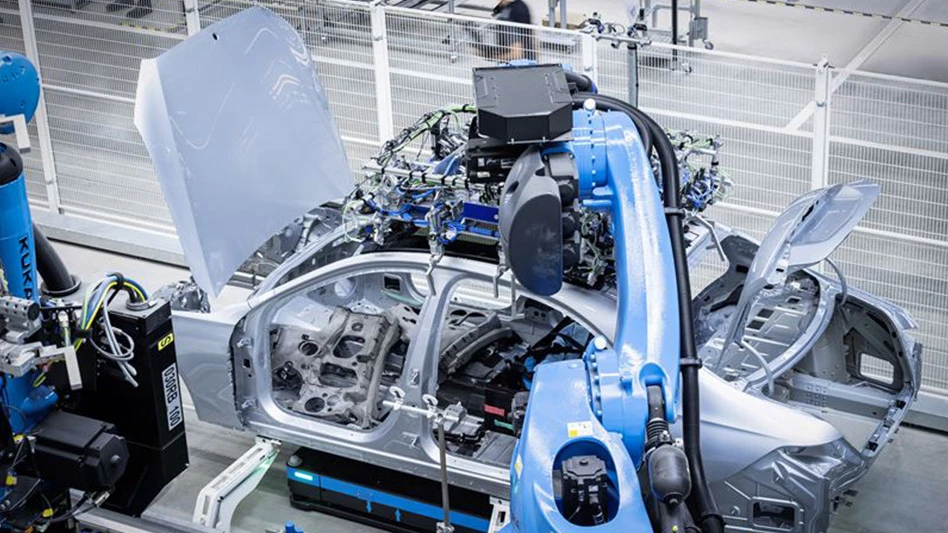 A Mercedes-Benz car being assembled.