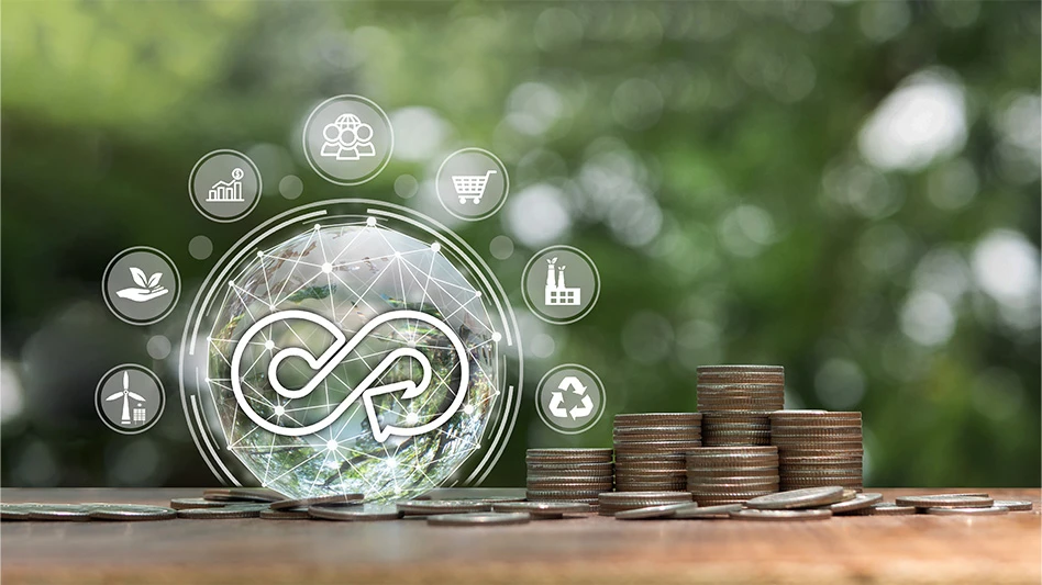 A clear globe with the symbol for a circular economy, surrounded by smaller clear globes representing different industries, next to a stack of coins.