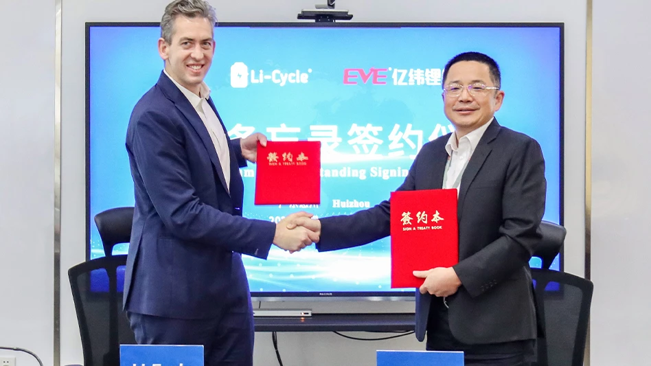 Li-Cycle co-founder and Executive Chair Tim Johnston, left, and EVE Energy co-founder and CEO Jianhua Liu, right, at the signing ceremony for a memorandum of understanding to collaborate and explore lithium-ion battery recycling solutions for EVE battery materials.