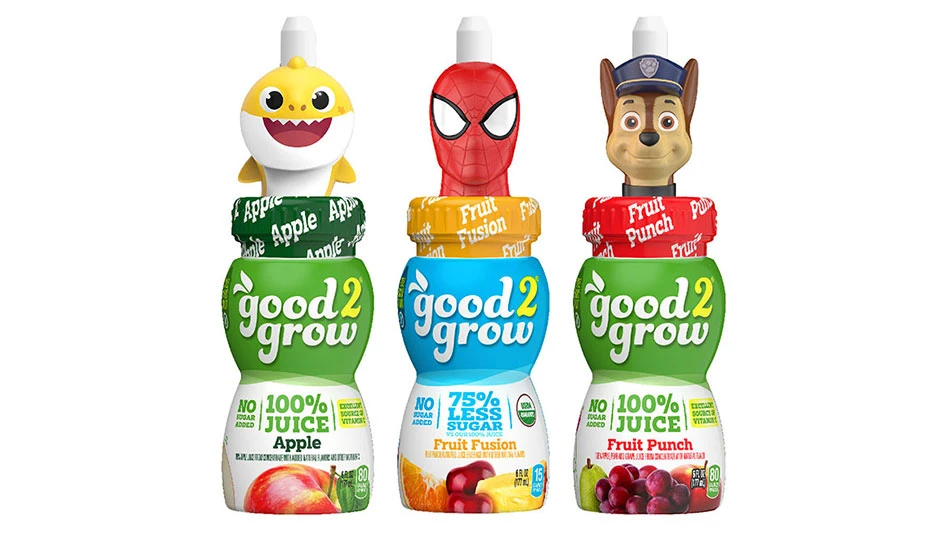 three plastic bottles with trademark character tops