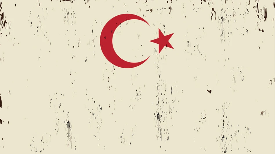 the turkish symbol in red on a distressed cream colored background