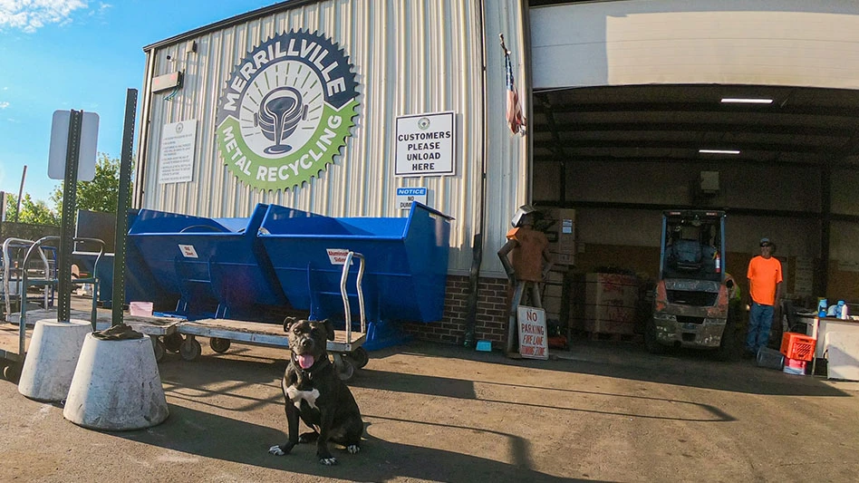 a black dog sits in front of one of merillville recycling's buildings