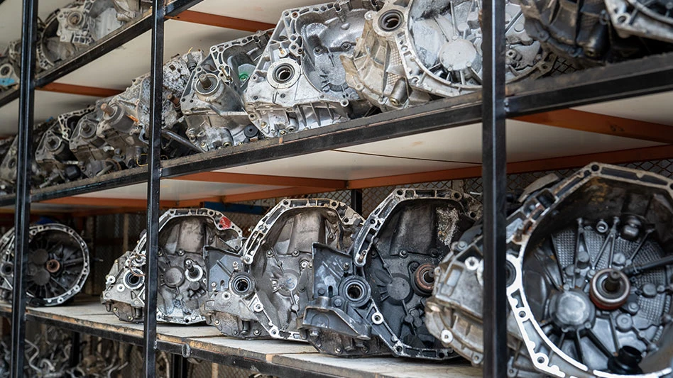 shelves full of old car transmissions