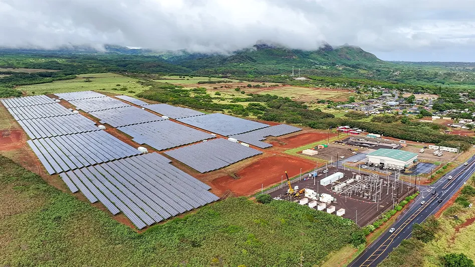An overhead shot of the solar farm at the Anahola substation in Kauai.