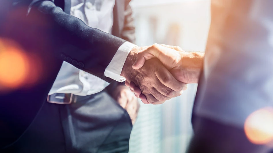 Close-up of two businessmen shaking hands.