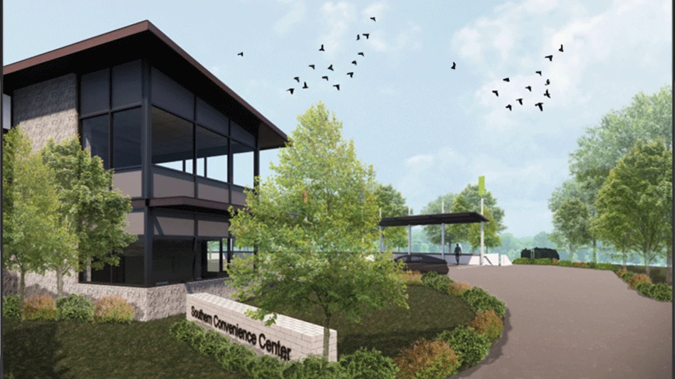 artist rendering of redwood convenience site with trees in foreground and a sign that reads southern convenience center