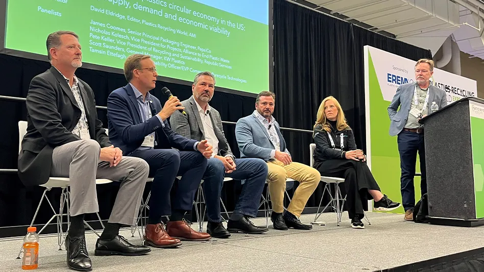 James Coomes of PepsiCo, Nicholas Kolesch of The Alliance to End Plastic Waste, Pete Keller of Republic Services, Scott Saunders of KW Plastics and Tamsin Ettefagh of Purecycle Technologies LLC speak during a panel session at the recent AMI Plastics World Expos North America in Cleveland.