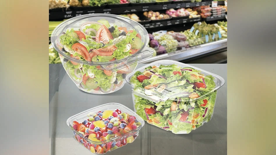 Three of Novlex' new plastic food containers made with at least 10 percent recycled plastic.