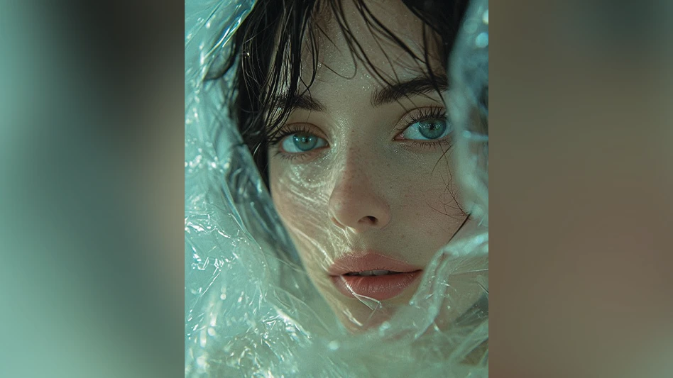 A woman's face surrounded by plastic film.