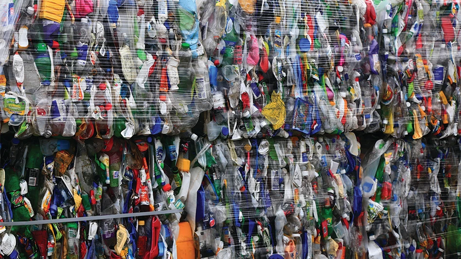 Stacks of bales of plastic destined for recycling.