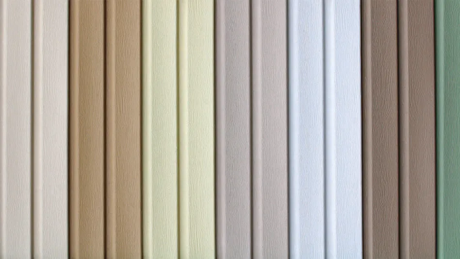 A lineup of different colors of vinyl siding panels.