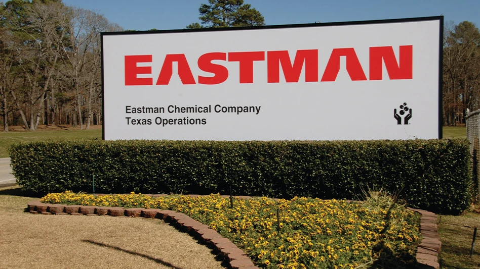 The sign out front of Eastman's existing Texas recycling facility during the day.