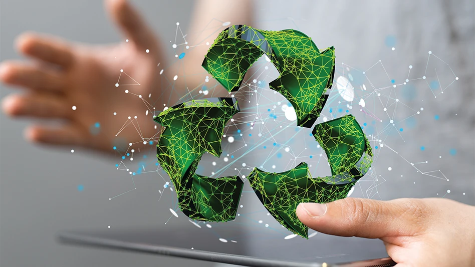 A 3-dimensional green recycling symbol appears over a tablet screen held by a person.