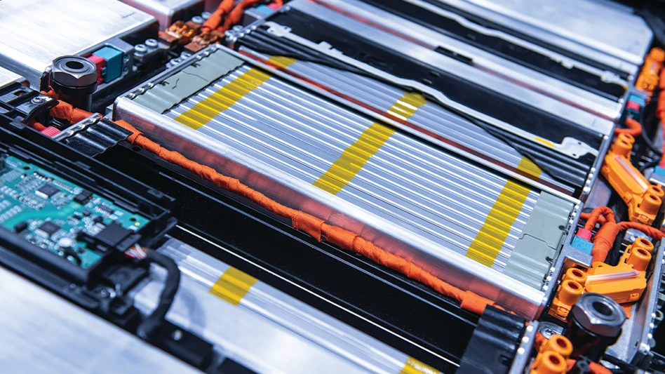 A closeup of an electric vehicle battery pack.