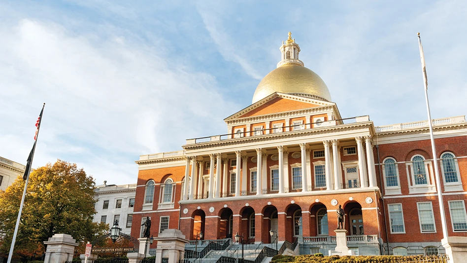 The Massachusetts State House in Boston, during a sunny day.