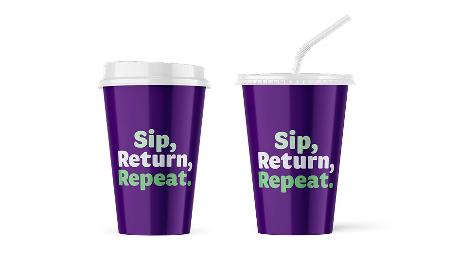 two purple reusable cups that say sip. return.repeat