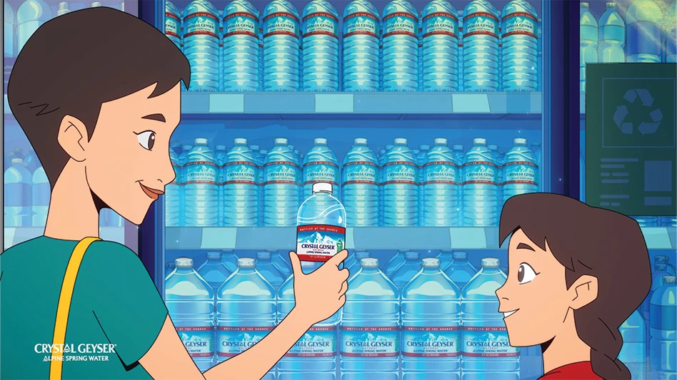 A cartoon parent and child grab a bottle of Crystal Geyser Alpine Spring Water out of a refrigerator case.