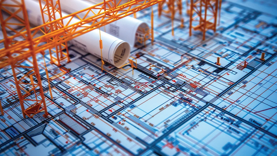 Rendering of two blueprints tucked under a three-dimensional structure, describing a feasibility study for a project.